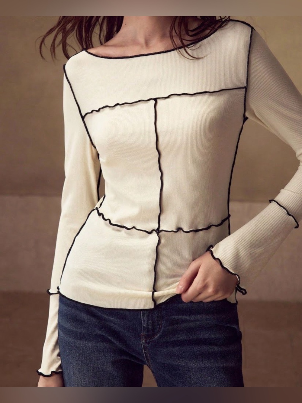 MOTF Boat Neck Cream Long-Sleeve Ribbed Top, Lettuce Trim Black Contrast Stitch